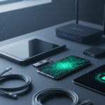 Nowoczesne urządzenia elektroniczne, klucz bezpieczeństwa U2F i smartfon z ikoną tarczy na ekranie, ilustrujące budowę cyfrowej twierdzy i bezpieczeństwo danych