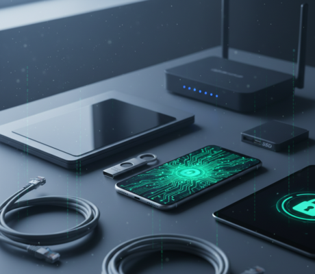 Nowoczesne urządzenia elektroniczne, klucz bezpieczeństwa U2F i smartfon z ikoną tarczy na ekranie, ilustrujące budowę cyfrowej twierdzy i bezpieczeństwo danych