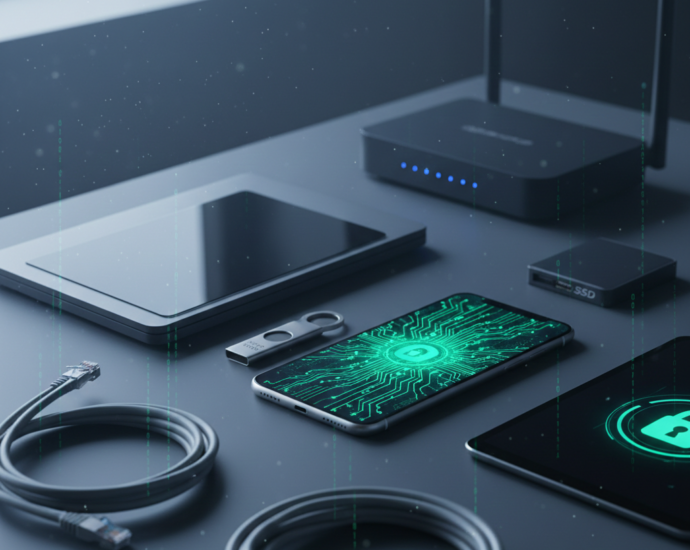 Nowoczesne urządzenia elektroniczne, klucz bezpieczeństwa U2F i smartfon z ikoną tarczy na ekranie, ilustrujące budowę cyfrowej twierdzy i bezpieczeństwo danych