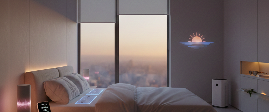 Nowoczesna sypialnia z inteligentnym oświetleniem cirkadialnym i systemem monitorowania jakości snu w standardzie Smart Home 2026