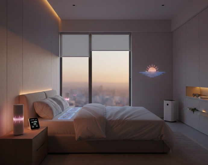 Nowoczesna sypialnia z inteligentnym oświetleniem cirkadialnym i systemem monitorowania jakości snu w standardzie Smart Home 2026