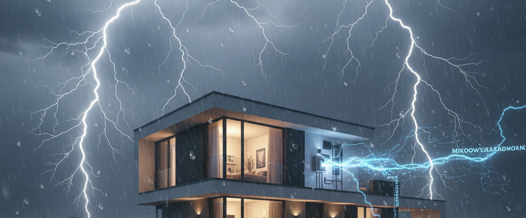 Nowoczesny inteligentny dom podczas burzy z piorunami – wizualizacja wyładowań i przepięć elektrycznych.
