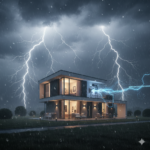 Nowoczesny inteligentny dom podczas burzy z piorunami – wizualizacja wyładowań i przepięć elektrycznych.