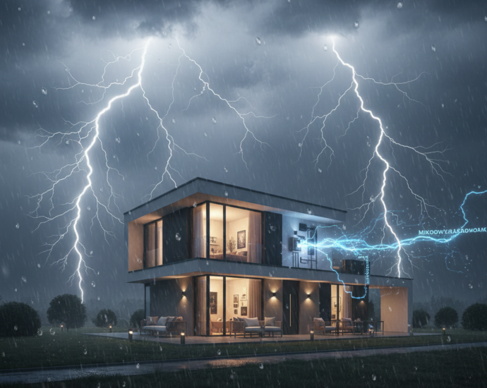 Nowoczesny inteligentny dom podczas burzy z piorunami – wizualizacja wyładowań i przepięć elektrycznych.