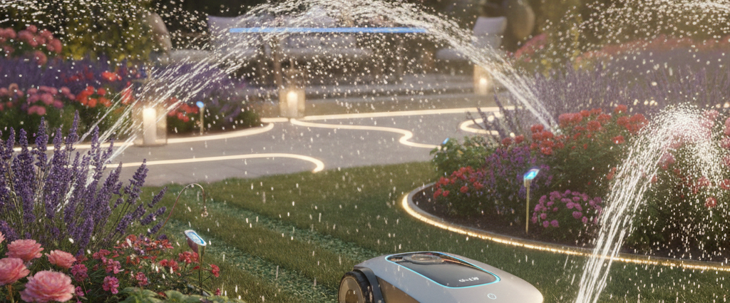 Nowoczesny inteligentny ogród z pracującym robotem koszącym, aktywnym systemem zraszaczy i dekoracyjnym oświetleniem LED na rabatach kwiatowych.