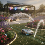 Nowoczesny inteligentny ogród z pracującym robotem koszącym, aktywnym systemem zraszaczy i dekoracyjnym oświetleniem LED na rabatach kwiatowych.