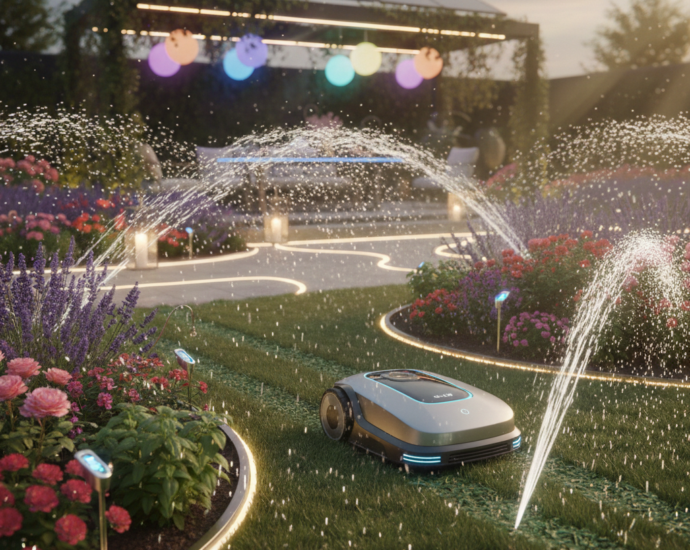 Nowoczesny inteligentny ogród z pracującym robotem koszącym, aktywnym systemem zraszaczy i dekoracyjnym oświetleniem LED na rabatach kwiatowych.