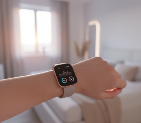 Zaawansowany interfejs smartwatcha z wykresami HRV i monitoringu snu jako element domowego systemu biohackingu