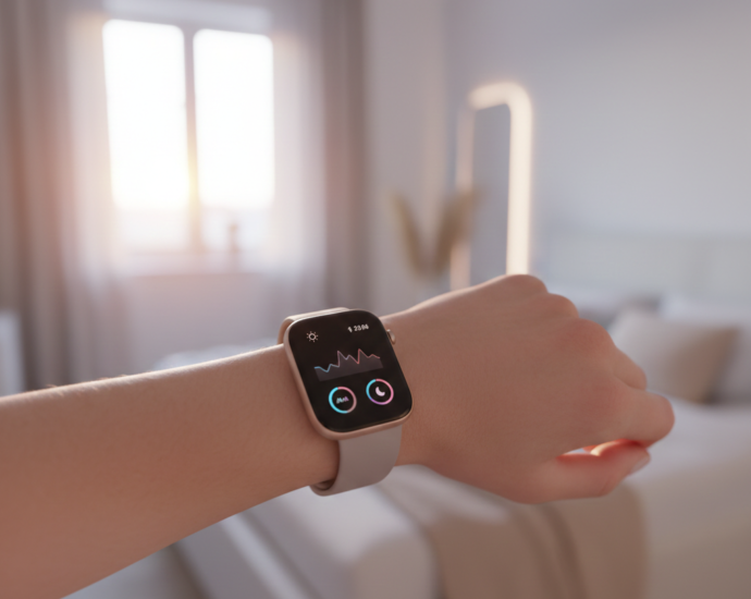 Zaawansowany interfejs smartwatcha z wykresami HRV i monitoringu snu jako element domowego systemu biohackingu